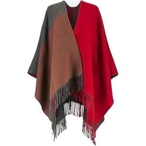UNIQLO Color Block 2-way Stole Wrap Poncho Red Brown Gray Acrylic OS